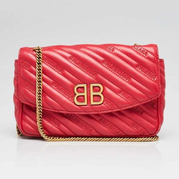 Balenciaga Red Quilted Embossed Leather BB Chain Round Small Flap Bag - Picture 1 of 12